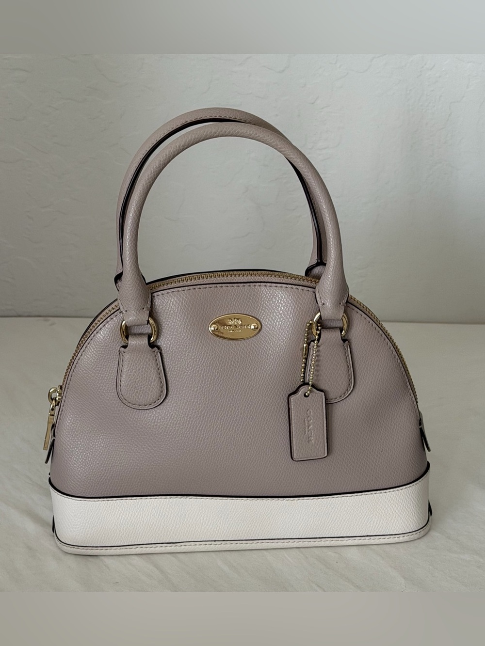 Coach mini Cora Two-Tone Dome Satchel in Taupe and White- hand carry